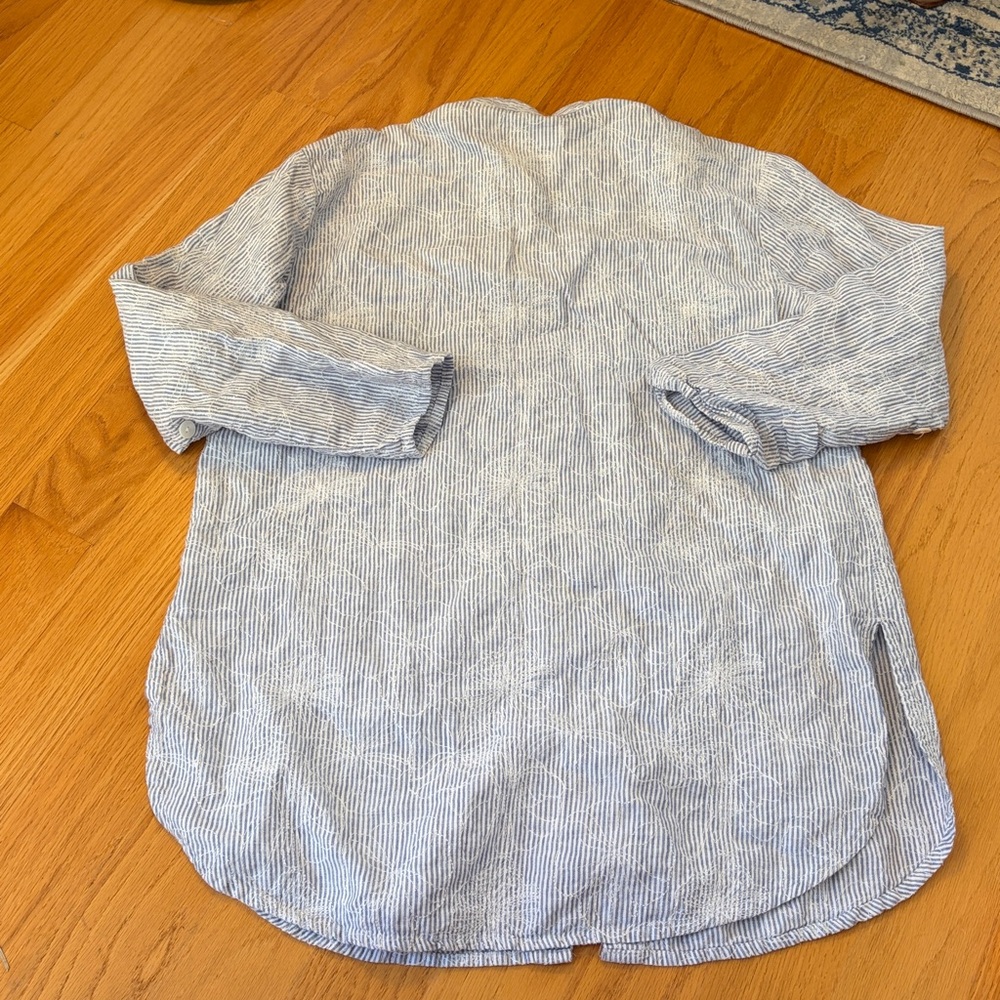 Flax Pinstripe Button Down Shirt Floral Embroidered Linen Roll Tab Sleeves S - Picture 7 of 7